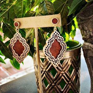 SOLD Gold fretwork over shaped wood earring, posts